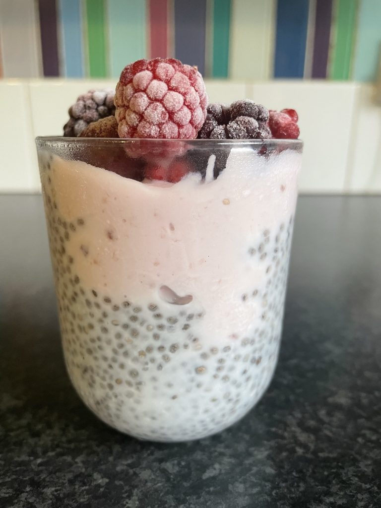 Forest Fruit chia seed pot with frozen berries & yoghurt.